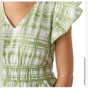Green Plaid Ruffle Sleeve V-Neck Dress